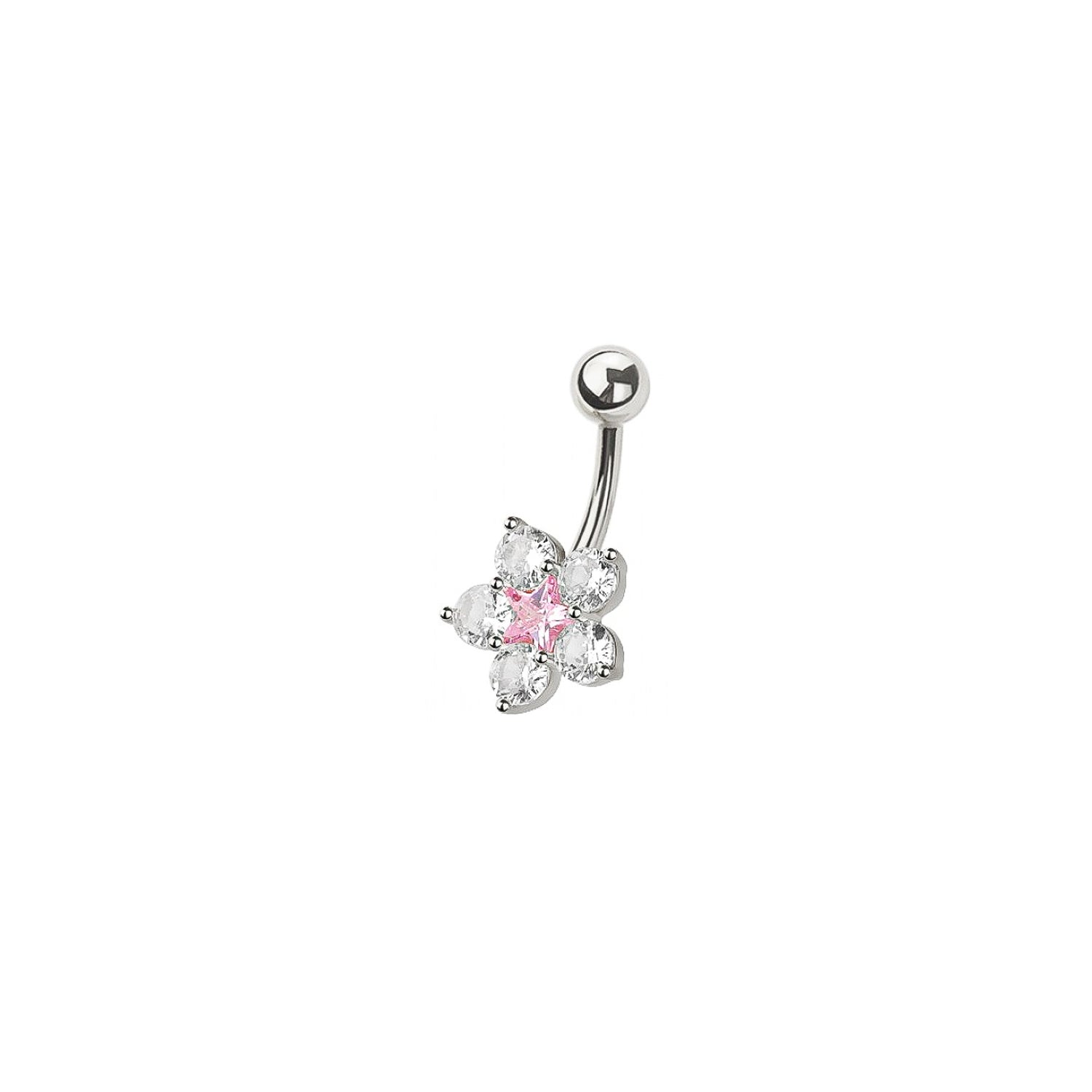 Flower Belly Button Ring - Pink Floral Belly Ring - CZ Stones - 316L Surgical Steel Navel Piercing - 14GA /10MM