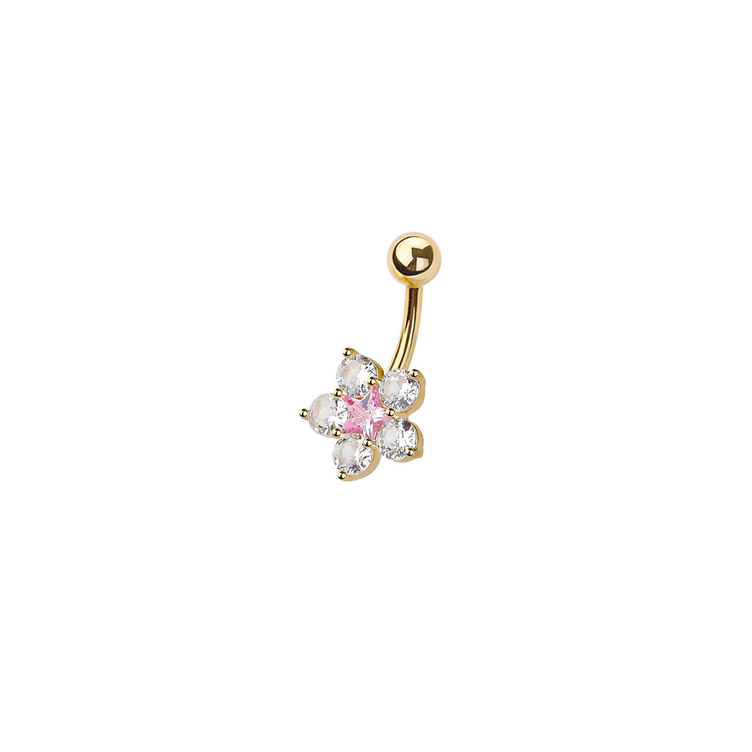 Flower Belly Button Ring - Pink Floral Belly Ring - CZ Stones - 316L Surgical Steel Navel Piercing - 14GA /10MM